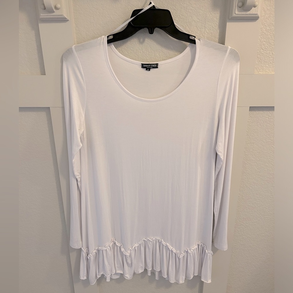 Karen Scott White Long Sleeve Scoop Neck Top with Ruffle Hem